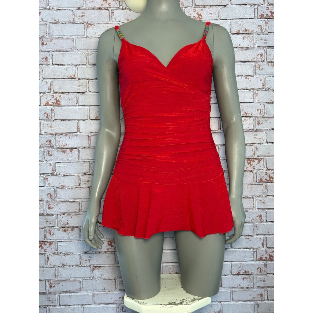 Beach Bay Vintage 90s Red Ruched Skirted Swim Dress One Piece Swimsuit Womens 12
